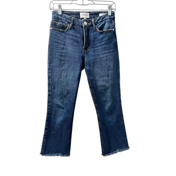 Frame Le Crop Mini Boot Cut Dark Blue Denim Jeans Size 24 Med Rise Fray Hem - Picture 1 of 5